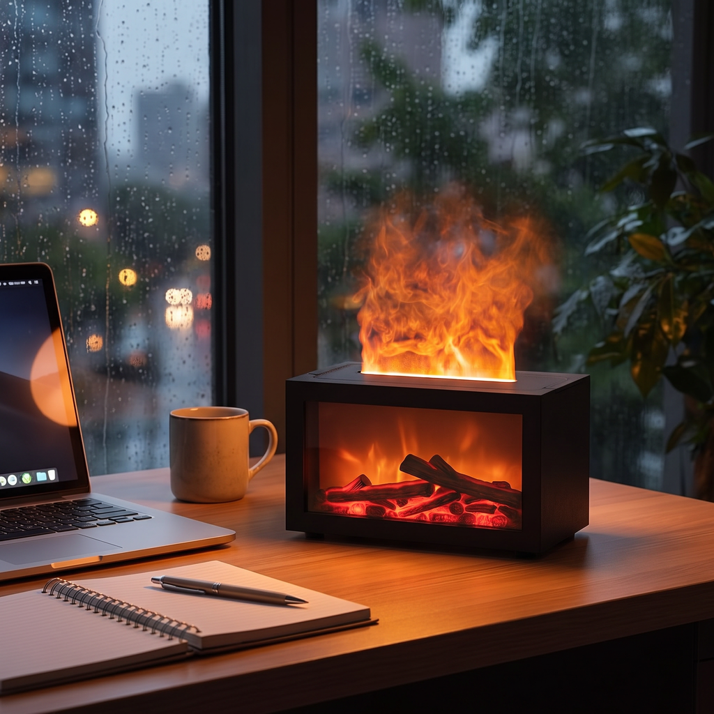 Kamin-Diffuser auf dem Schreibtisch an einem Regenabend