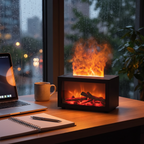 Kamin-Diffuser auf dem Schreibtisch an einem Regenabend